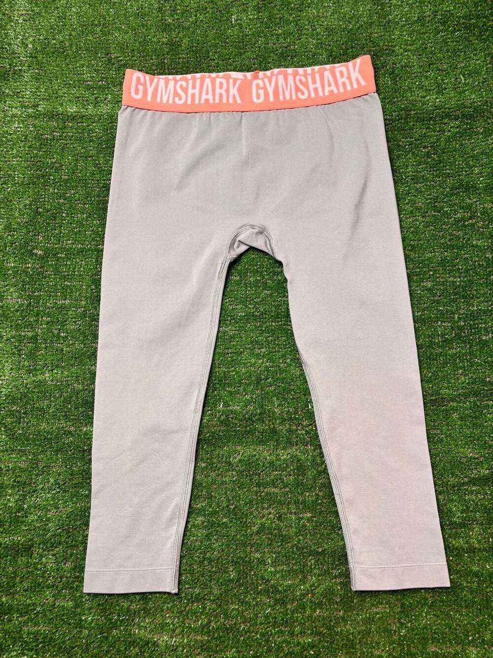 Gymshark Gray Crop Leggings With Coral Pink Logo Waistband